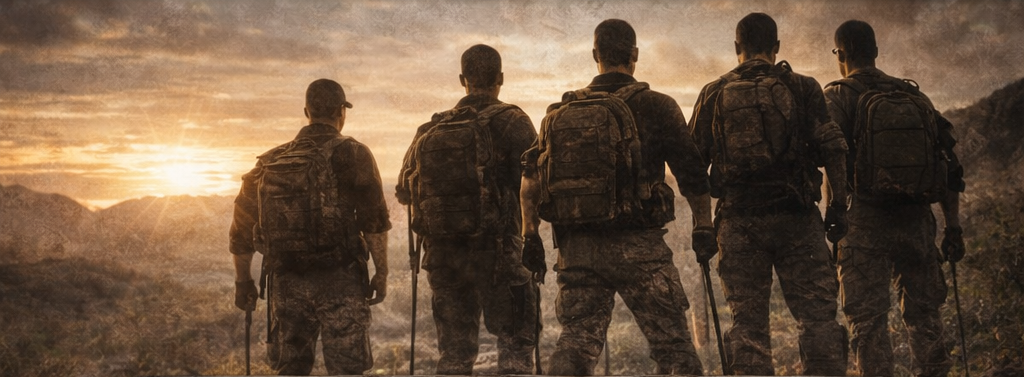 Homens na trilha ao pôr do sol